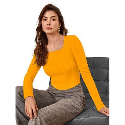 PKRKART Women's Polyester Solid Full Sleeves Square Neck Top (Yellow)