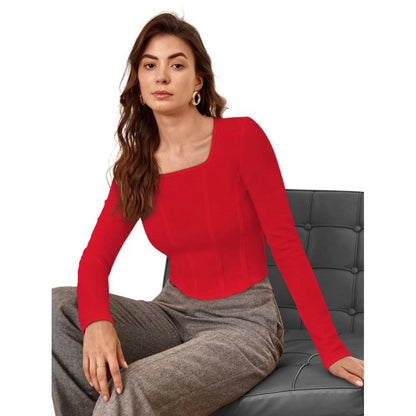 PKRKART Women's Polyester Solid Full Sleeves Square Neck Top (Red)