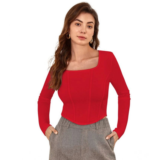 PKRKART Women's Polyester Solid Full Sleeves Square Neck Top (Red)
