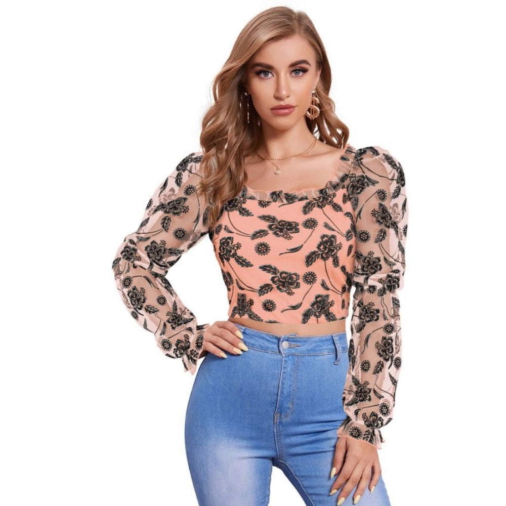 PKRKART Women's Polyester Solid Full Sleeves Square Collar Top (Peach)