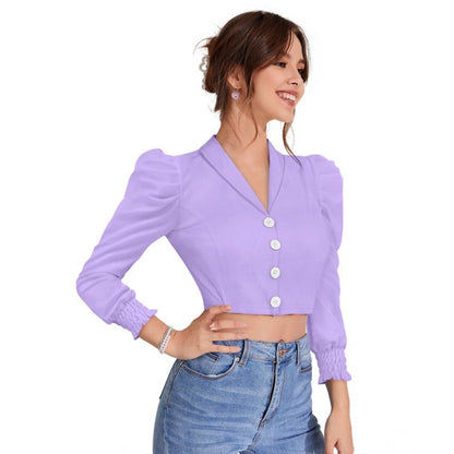 PKRKART Women's Polyester Solid Puff Sleeves Lapel Collar Top (Purple)