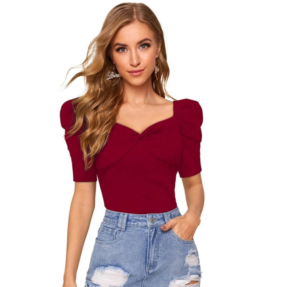 PKRKART Women's Polyester Solid Puff Short Sleeves Sweetheart Neck Top (Maroon)