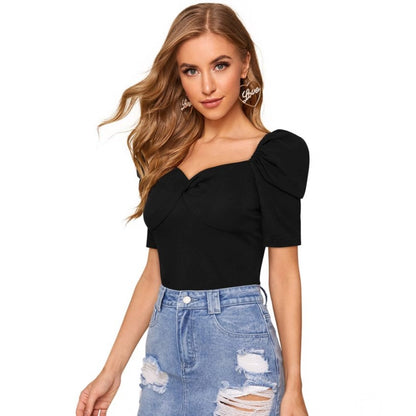 PKRKART Women's Polyester Solid Puff Short Sleeves Sweetheart Neck Top (Black)