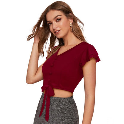 PKRKART Women's Polyester Solid Short Sleeves V Neck Top (Maroon)