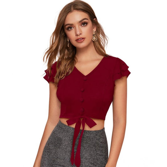 PKRKART Women's Polyester Solid Short Sleeves V Neck Top (Maroon)