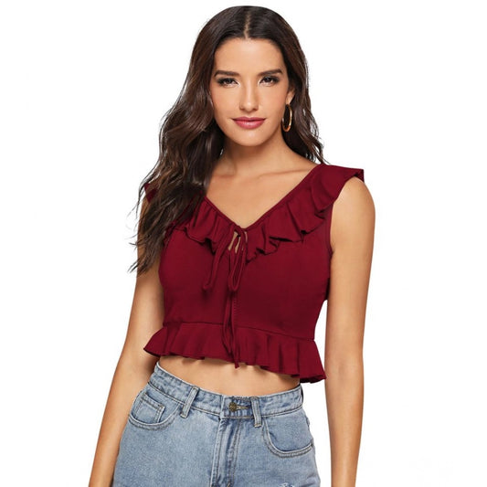PKRKART Women's Polyester Solid Sleeveless Ruffle Neck Top (Maroon)