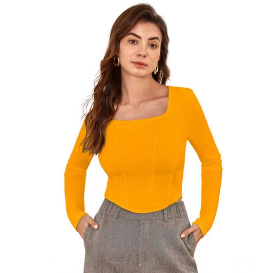 PKRKART Women's Polyester Solid Full Sleeves Square Neck Top (Yellow)