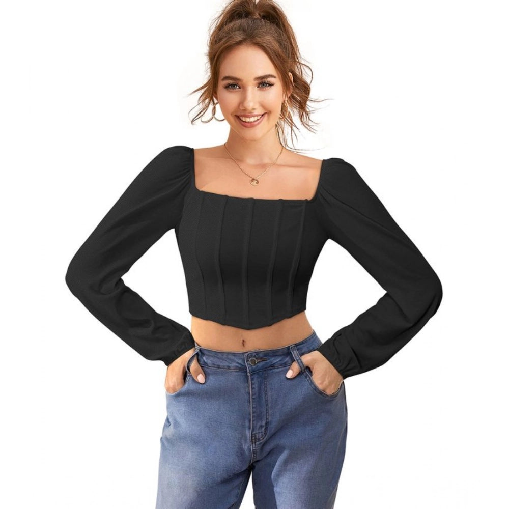 PKRKART Women's Polyester Solid Long Sleeves Square Neck Top (Black)