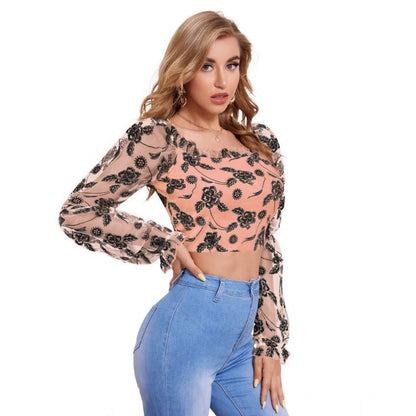 PKRKART Women's Polyester Solid Full Sleeves Square Collar Top (Peach)