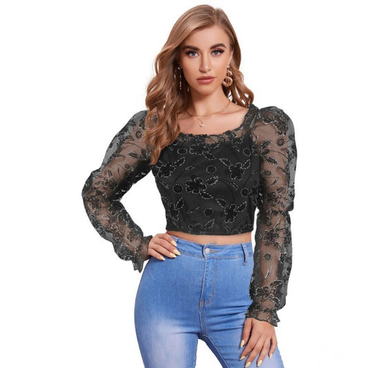 PKRKART Women's Polyester Solid Full Sleeves Square Collar Top (Black)