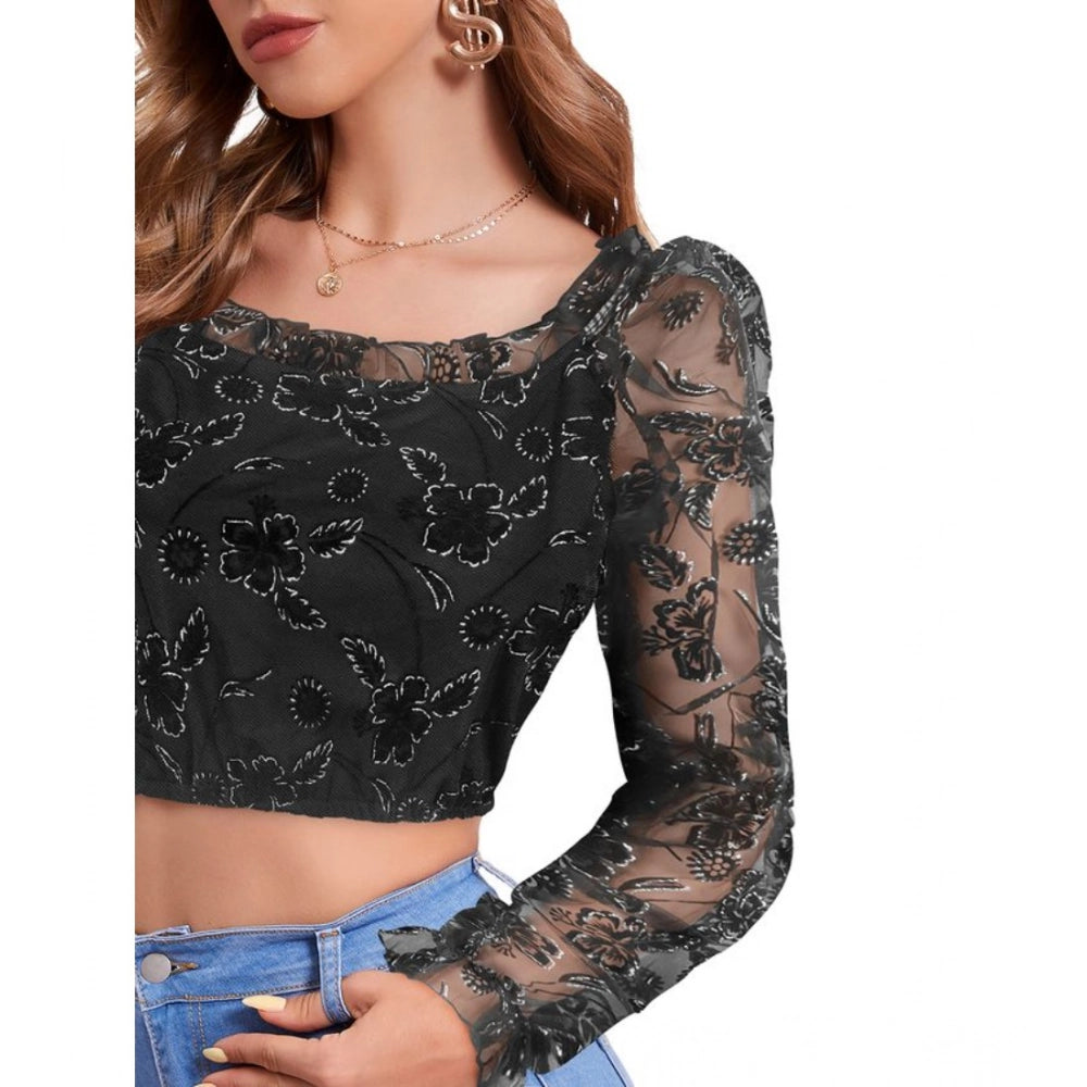 PKRKART Women's Polyester Solid Full Sleeves Square Collar Top (Black)