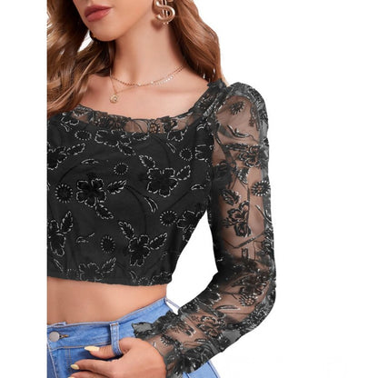 PKRKART Women's Polyester Solid Full Sleeves Square Collar Top (Black)