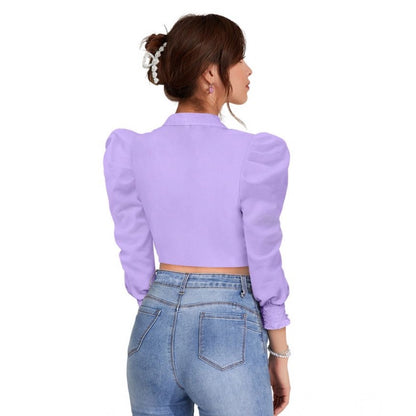 PKRKART Women's Polyester Solid Puff Sleeves Lapel Collar Top (Purple)