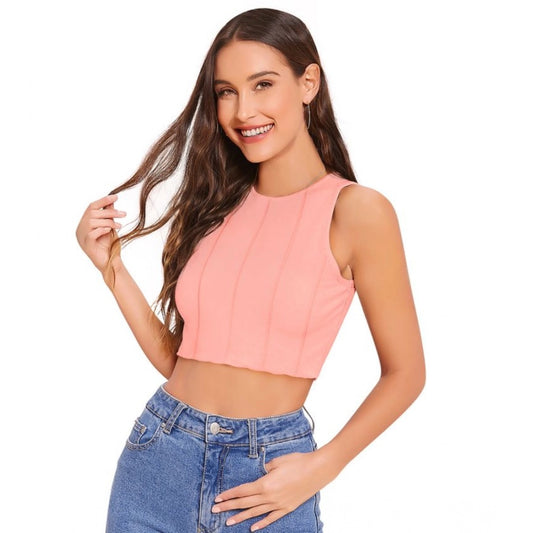 PKRKART Women's Polyester Solid Sleeveless Round Neck Top (Peach)