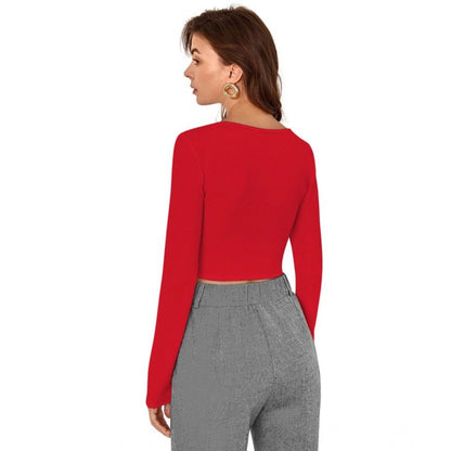 PKRKART Women's Polyester Solid Full Sleeves Square Neck Top (Red)