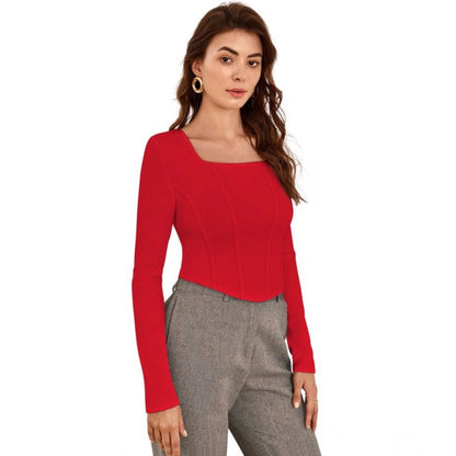 PKRKART Women's Polyester Solid Full Sleeves Square Neck Top (Red)