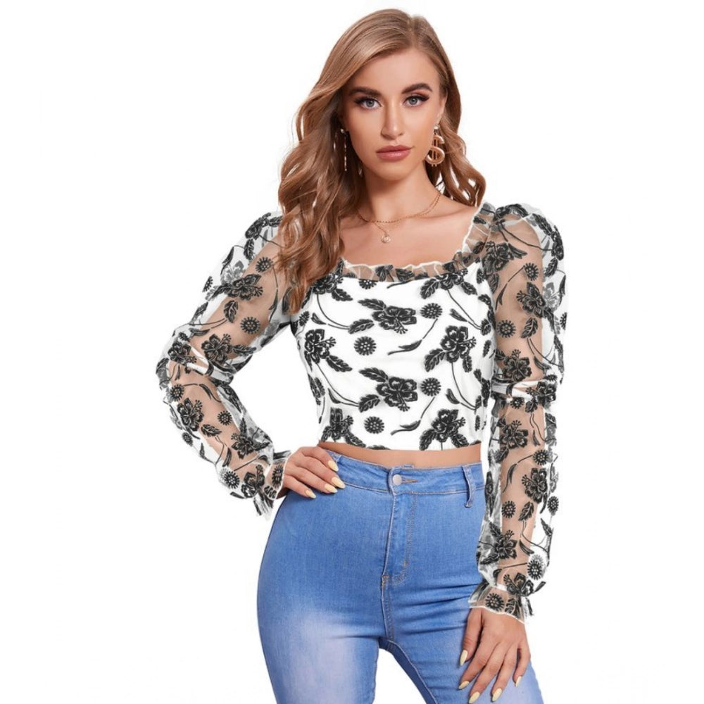 PKRKART Women's Polyester Solid Full Sleeves Square Collar Top (White)