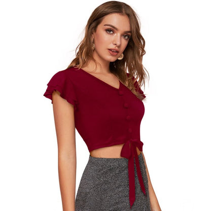 PKRKART Women's Polyester Solid Short Sleeves V Neck Top (Maroon)