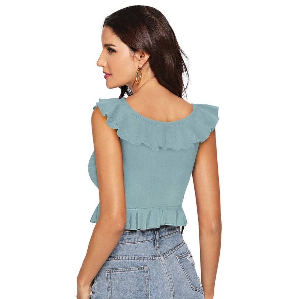 PKRKART Women's Polyester Solid Sleeveless Ruffle Neck Top (Pista)