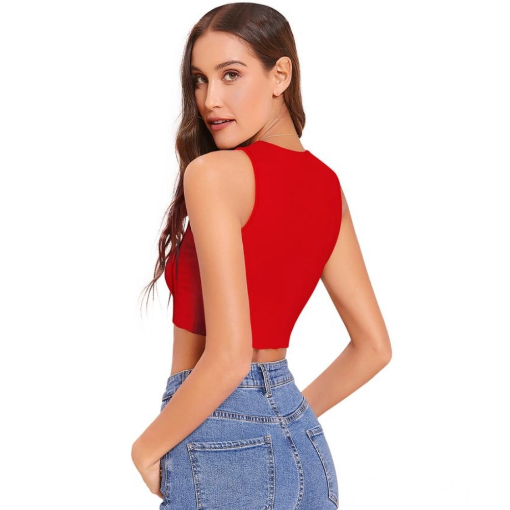 PKRKART Women's Polyester Solid Sleeveless Round Neck Top (Red)