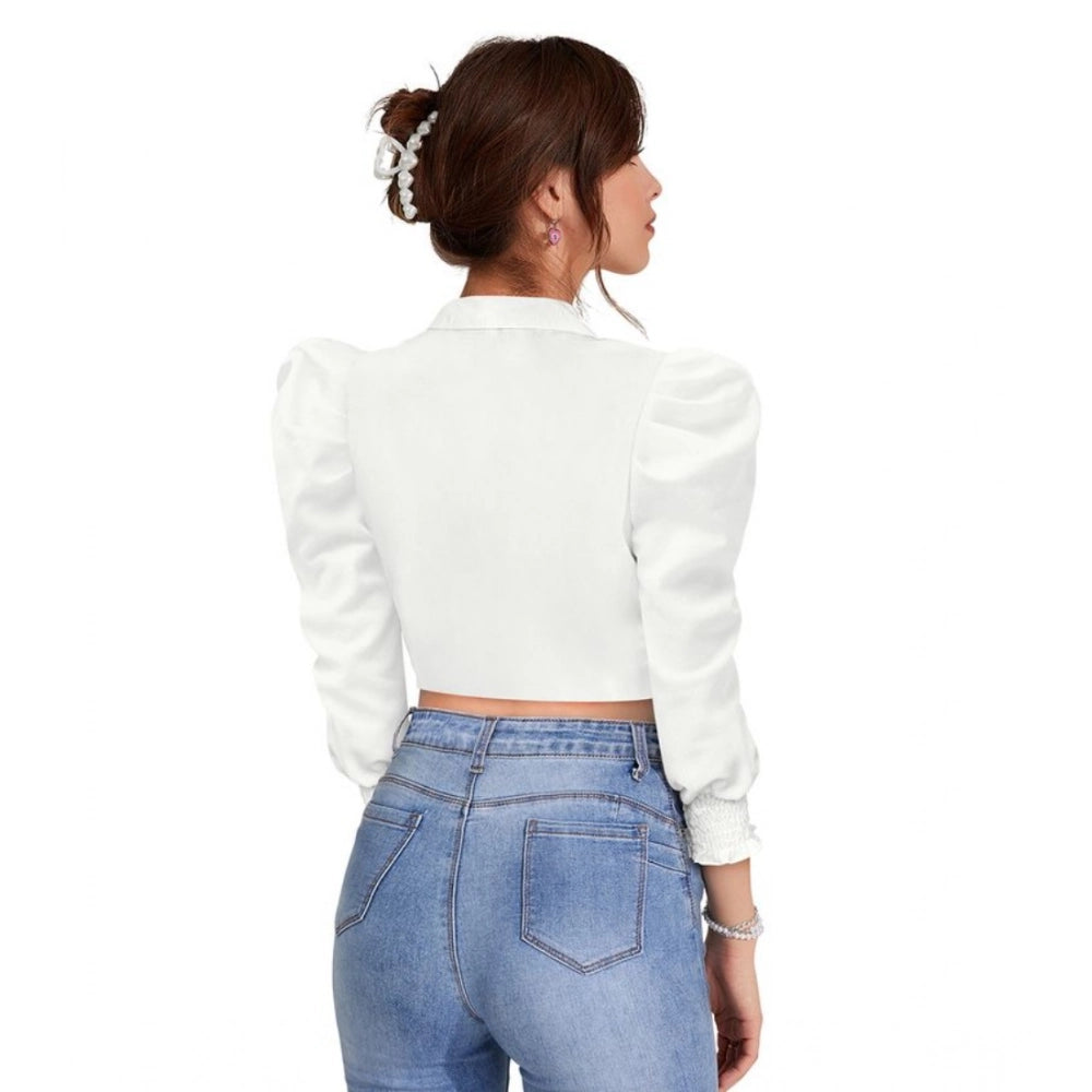 PKRKART Women's Polyester Solid Puff Sleeves Lapel Collar Top (White)