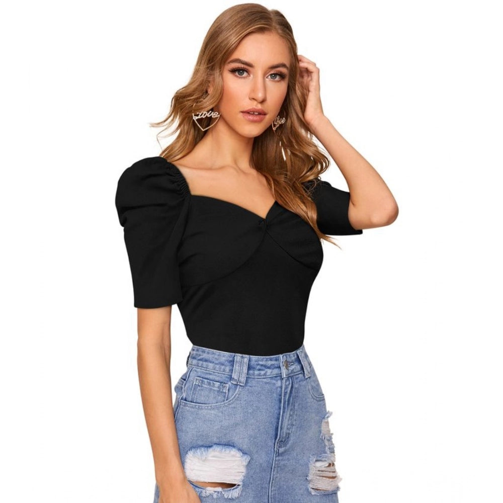 PKRKART Women's Polyester Solid Puff Short Sleeves Sweetheart Neck Top (Black)