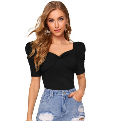 PKRKART Women's Polyester Solid Puff Short Sleeves Sweetheart Neck Top (Black)