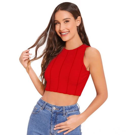 PKRKART Women's Polyester Solid Sleeveless Round Neck Top (Red)