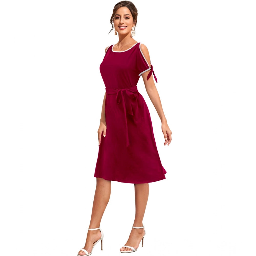 PKRKART Women's Knitting stretchable Solid Round Neck Sleeveless Dress (Maroon)