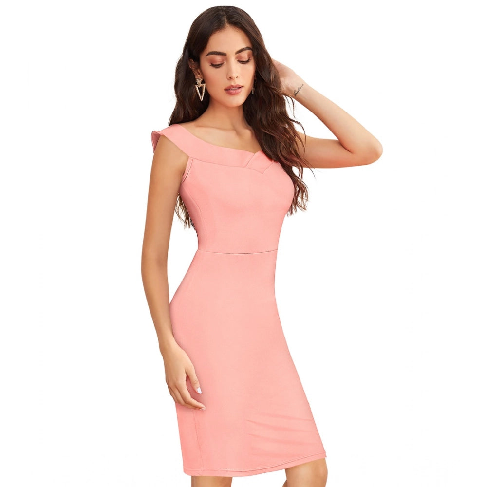 PKRKART Women's Knitting stretchable Solid Round Neck Sleeveless Dress (Peach)