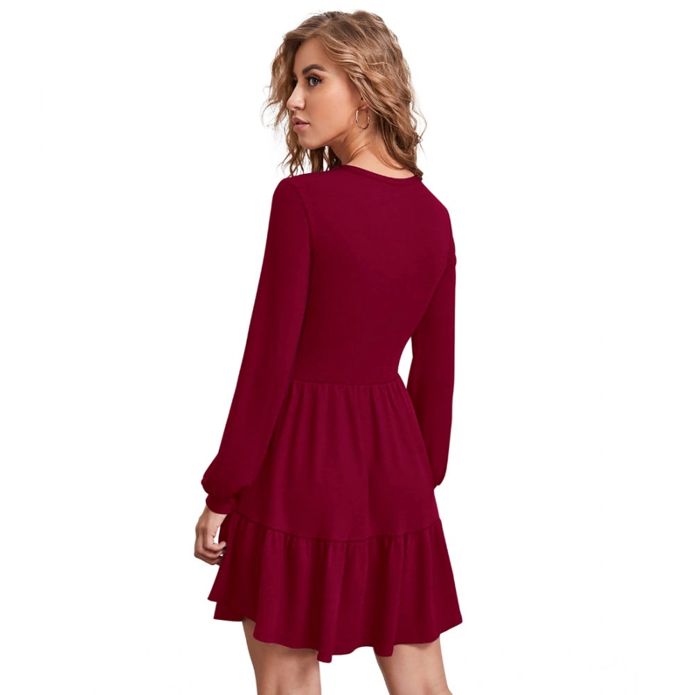 PKRKART Women's Knitting stretchable Solid Round Neck Full Sleeve Dress (Maroon)