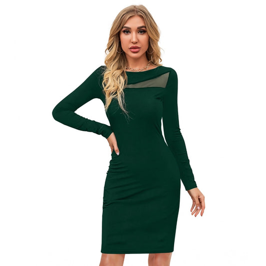 PKRKART Women's Knitting stretchable Solid Round Neck Full Sleeve Dress (Green )