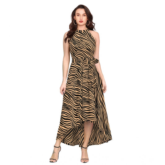 PKRKART Women's Polyester Zebra Pattern Halter Neck Sleeveless Dress (Yellow)
