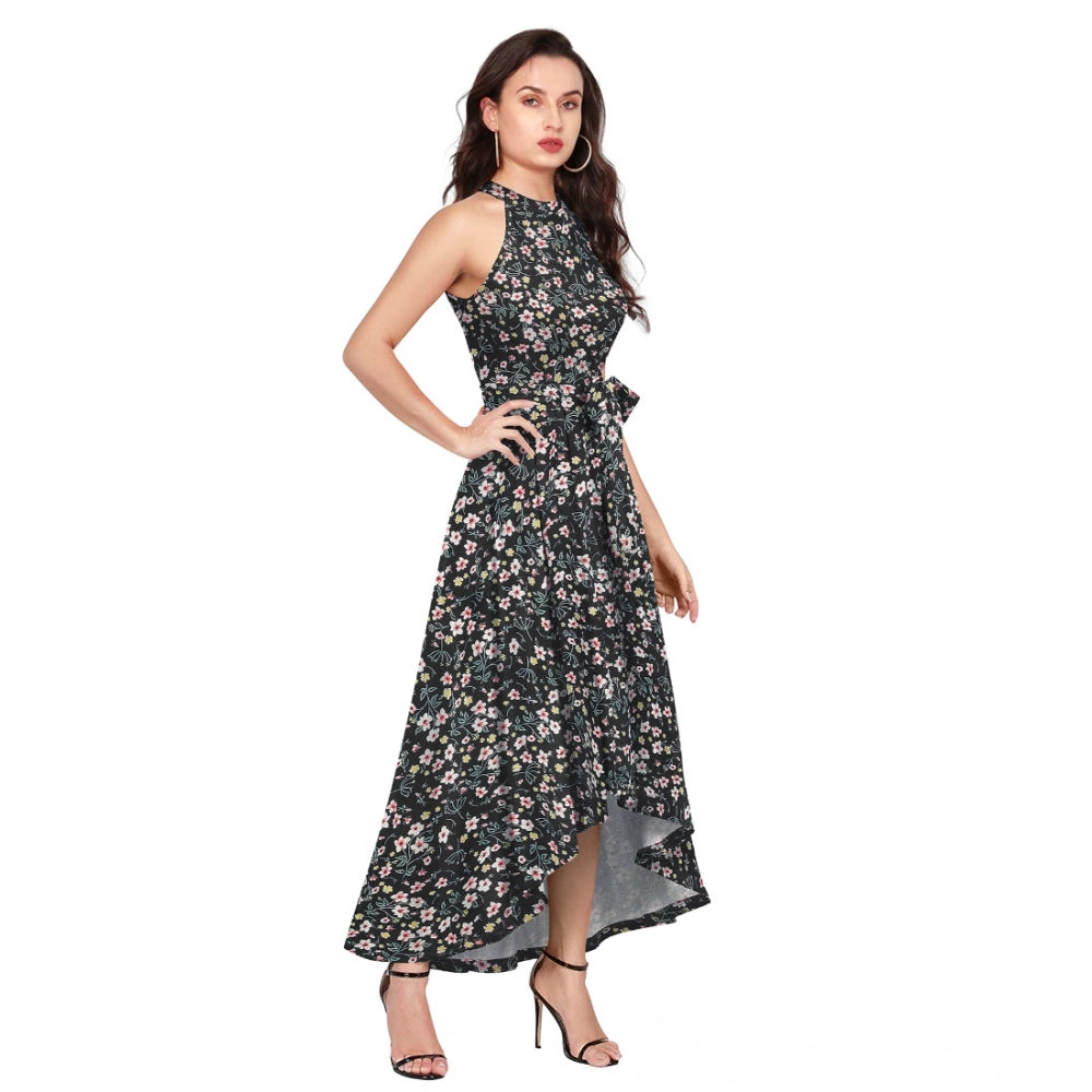 PKRKART Women's Polyester Printed Halter Neck Sleeveless Dress (Black)