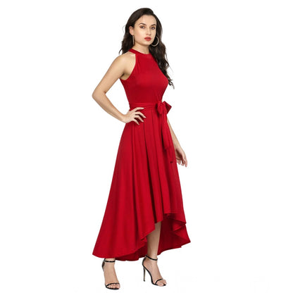PKRKART Women's Polyster Solid Halter Neck Sleeveless Dress (Red)