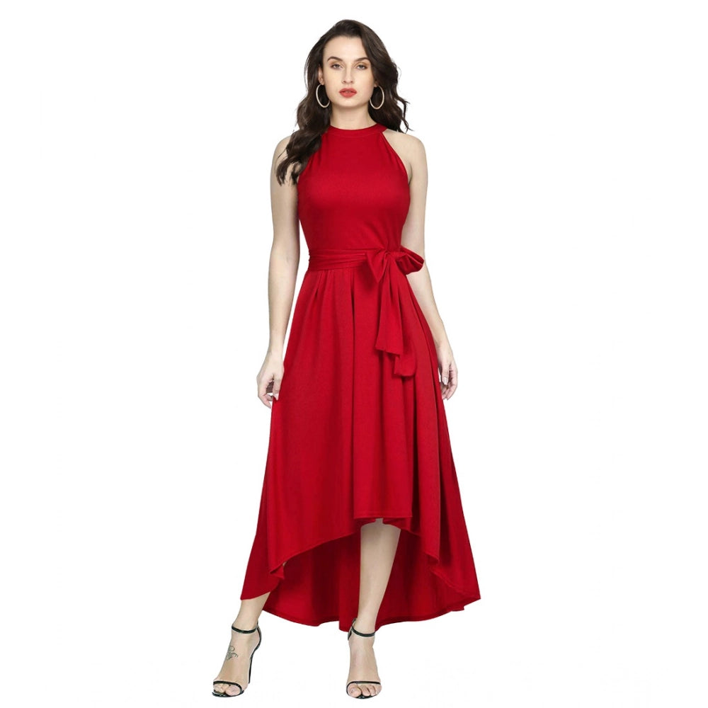PKRKART Women's Polyster Solid Halter Neck Sleeveless Dress (Red)