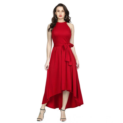 PKRKART Women's Polyster Solid Halter Neck Sleeveless Dress (Red)