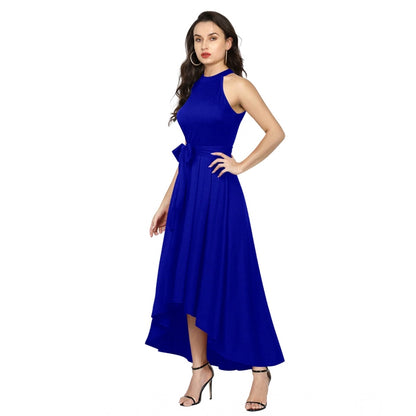 PKRKART Women's Polyster Solid Halter Neck Sleeveless Dress (Royal Blue)