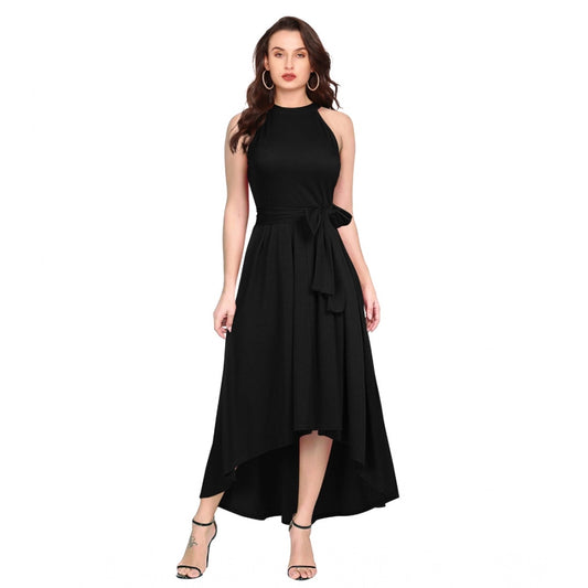 PKRKART Women's Polyster Solid Halter Neck Sleeveless Dress (Black)