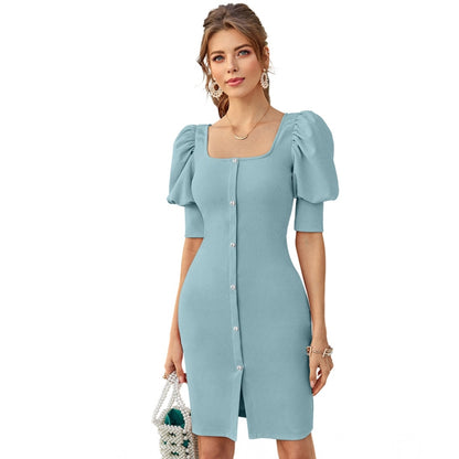 PKRKART Women's Knitting stretchable Solid Square Neck 3-4 Puff Sleeve Dress (Pista)