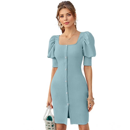 PKRKART Women's Knitting stretchable Solid Square Neck 3-4 Puff Sleeve Dress (Pista)