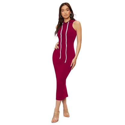 PKRKART Women's Knitting stretchable Solid Round Neck Sleeveless Dress (Maroon)