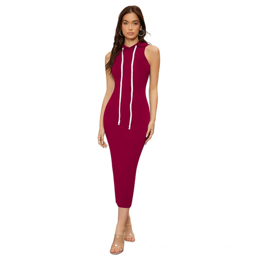PKRKART Women's Knitting stretchable Solid Round Neck Sleeveless Dress (Maroon)