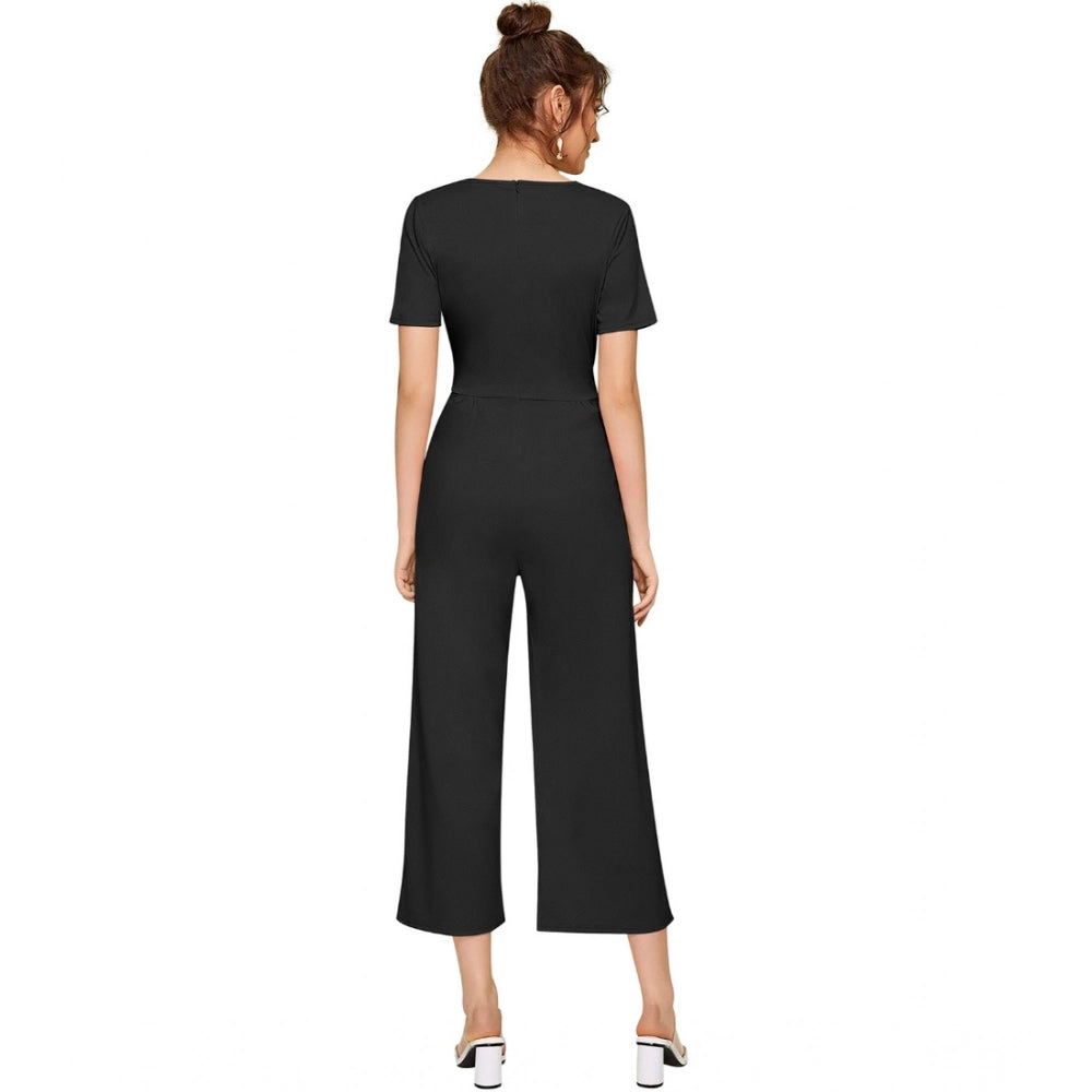 PKRKART Women's Knitting stretchable Solid Round Neck Cap Sleeve Jumpsuit (Black)