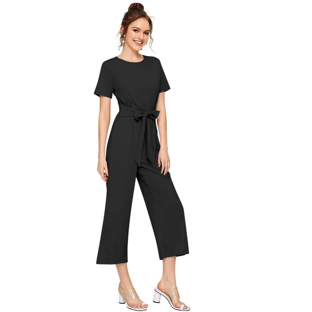 PKRKART Women's Knitting stretchable Solid Round Neck Cap Sleeve Jumpsuit (Black)