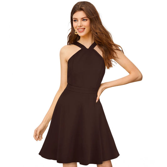 PKRKART Women's Knitting stretchable Solid Halter Neck Sleeveless Dress (Coffee)
