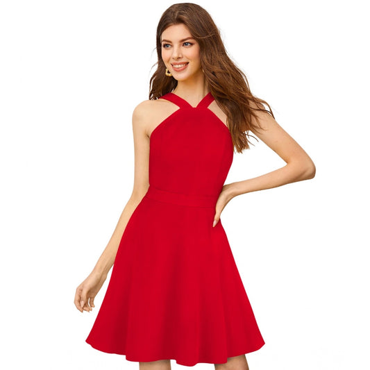 PKRKART Women's Knitting stretchable Solid Halter Neck Sleeveless Dress (Red )