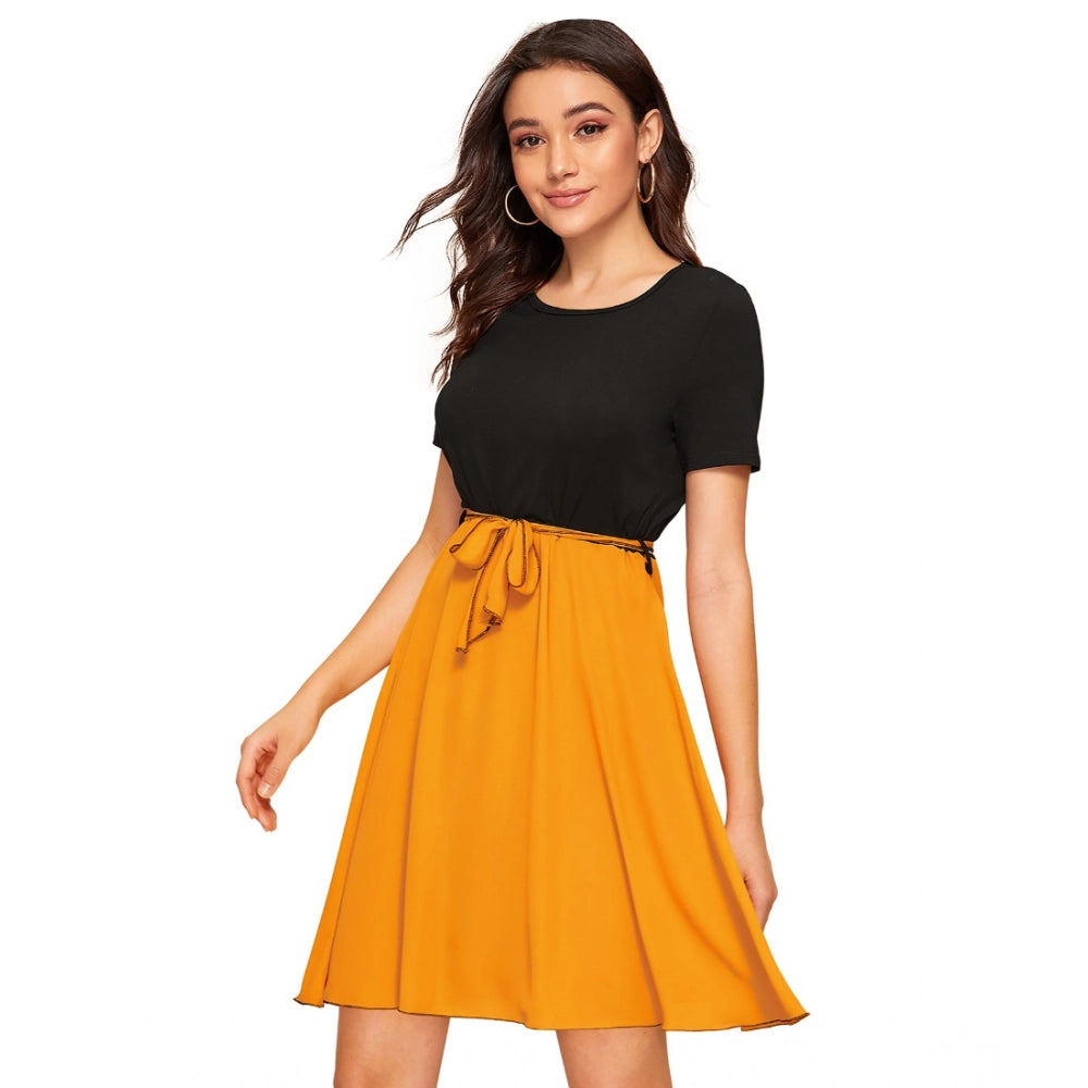 PKRKART Women's Knitting stretchable Solid Round Neck Cap Sleeve Dress (Yellow)