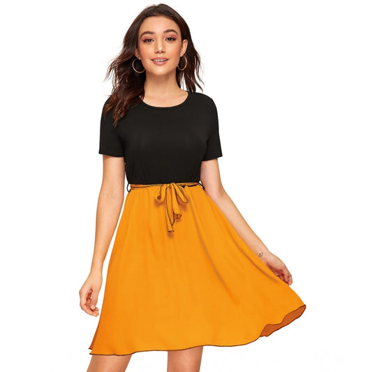 PKRKART Women's Knitting stretchable Solid Round Neck Cap Sleeve Dress (Yellow)