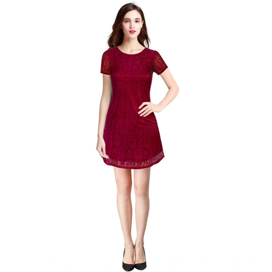 PKRKART Women's Rasal Solid Round Neck Cap Sleeve Dress (Maroon)